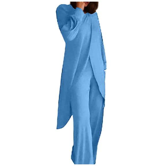 Fiaer,Oversized Irregular Hem Lounge Wear Sets for Women,2 Piece Sets for Crew Neck Long T Shirts and Palazzo Pants,Womens Loose Fit Casual Trendy Solid Outfits Set Blue S