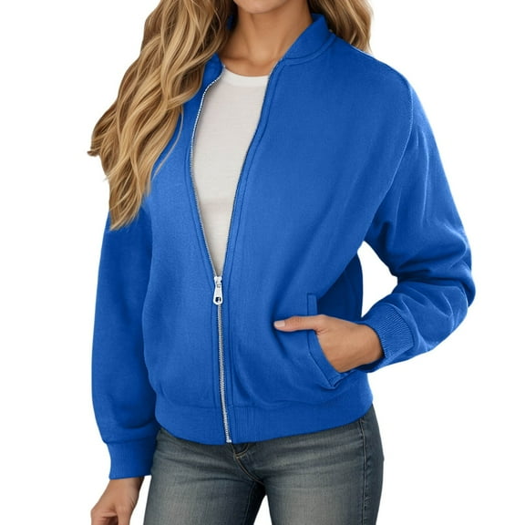 Fiaer,Oversized Jackets for Women,Womens Full Zip Long Sleeve Loose Fit Casual Trendy Solid Color Comfy Spliced Tops with Pockets Blue XXXL