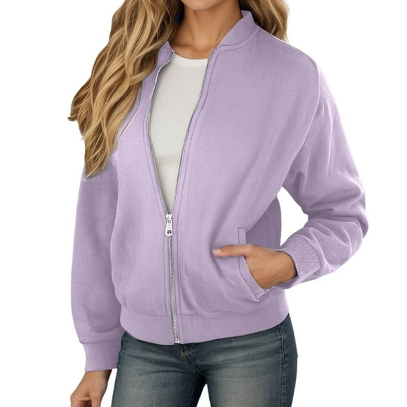 Fiaer,Oversized Jackets for Women,Womens Full Zip Long Sleeve Loose Fit Casual Trendy Solid Color Comfy Spliced Tops with Pockets Light Purple M