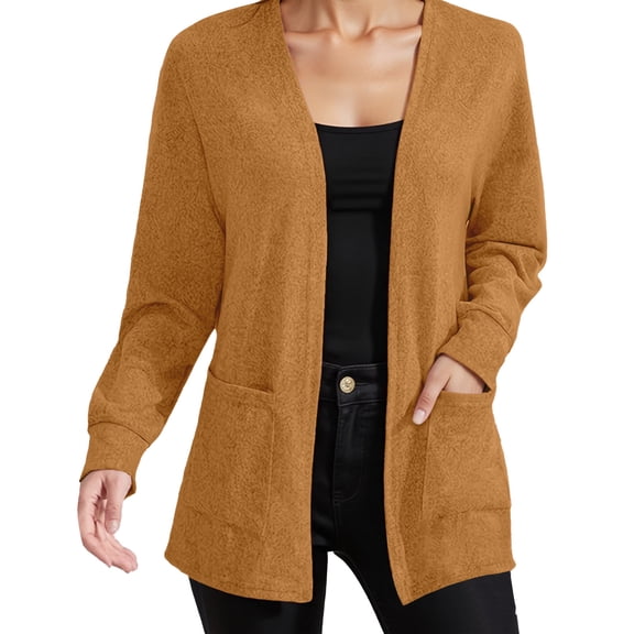 Fiaer,Oversized Long Sleeve Lightweight Cardigan for Women,Womens Loose Fit Casual Fashion Open Front Solid Color Tops with 2 Pockets Brown L