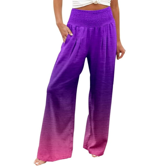 Fiaer,Oversized Loose Fit Palazzo Pants for Women,Ladies High Waist Stretch Trousers,Womens Color Blocking Trendy Comfy Slacks with 2 Pockets Dark Purple XL