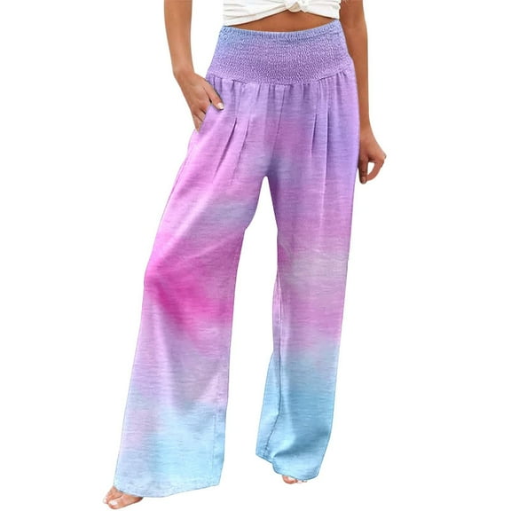 Fiaer,Oversized Loose Fit Palazzo Pants for Women,Ladies High Waist Stretch Trousers,Womens Color Blocking Trendy Comfy Slacks with 2 Pockets Purple XXXL