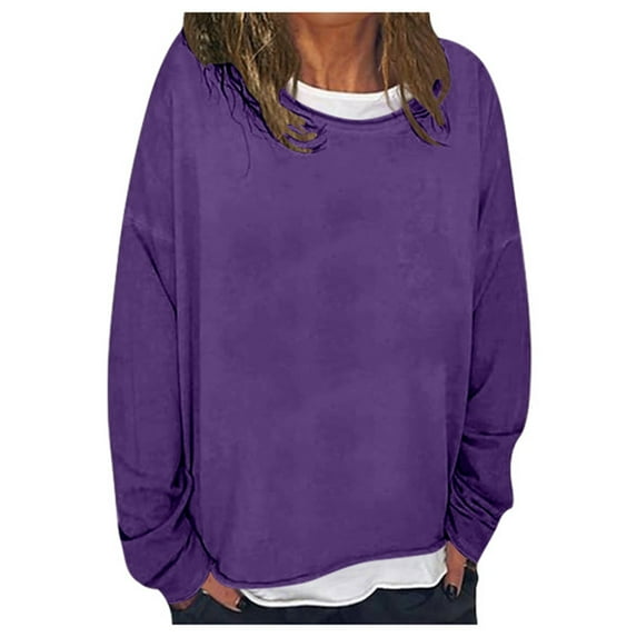 Fiaer,Oversized Loose Fitting Sweatshirts for Women Casual Cute Crew Neck No Hooded Hoodies Solid Fall Pullover Workout Plain Y2k Comfort Tops Dark Purple M