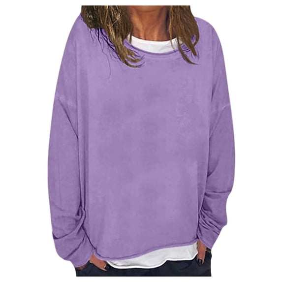 Fiaer,Oversized Loose Fitting Sweatshirts for Women Casual Cute Crew Neck No Hooded Hoodies Solid Fall Pullover Workout Plain Y2k Comfort Tops Purple M