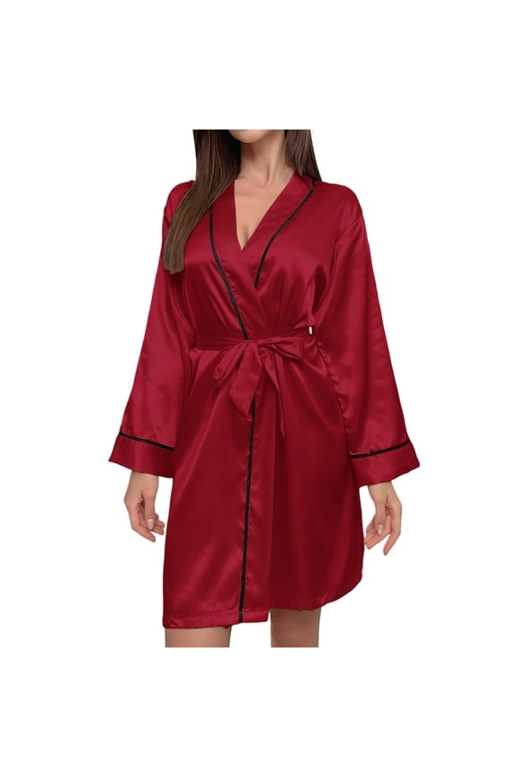 ,Oversized Satin Kimono Sleepwear for Women,Womens Long Sleeve Loose Fit V Neck Lace up Trendy Nightgowns,Lounge Wear Red L