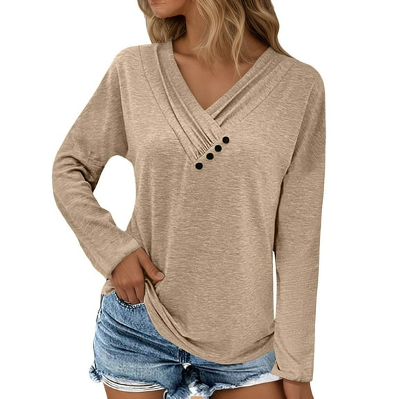 Fiaer.Oversized Tshirts for Women.Womens V Neck Long Sleeve T Shirts.Women's Casual Trendy Side Button Decor Going out Tops Beige XL