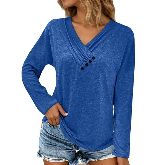 Fiaer.Oversized Tshirts for Women.Womens V Neck Long Sleeve T Shirts.Women's Casual Trendy Side Button Decor Going out Tops Blue XXL