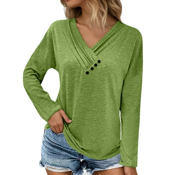 Fiaer.Oversized Tshirts for Women.Womens V Neck Long Sleeve T Shirts.Women's Casual Trendy Side Button Decor Going out Tops Green M