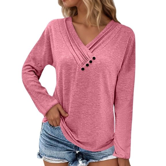 Fiaer.Oversized Tshirts for Women.Womens V Neck Long Sleeve T Shirts.Women's Casual Trendy Side Button Decor Going out Tops Red XXL