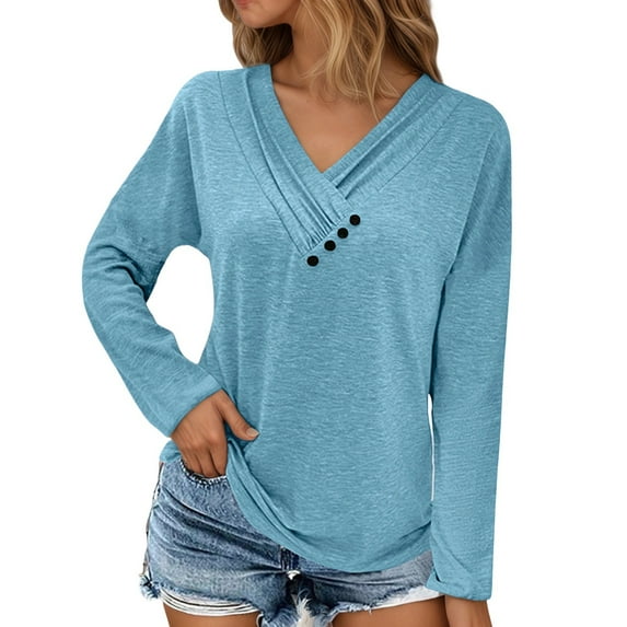 Fiaer.Oversized Tshirts for Women.Womens V Neck Long Sleeve T Shirts.Women's Casual Trendy Side Button Decor Going out Tops Sky Blue XXL