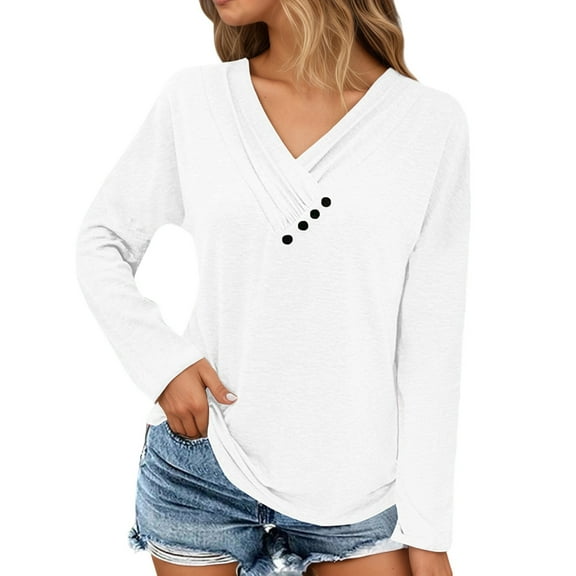 Fiaer.Oversized Tshirts for Women.Womens V Neck Long Sleeve T Shirts.Women's Casual Trendy Side Button Decor Going out Tops White XL