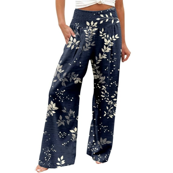 Fiaer Oversized Wide Leg Pants for Women Floral Printed High Waisted Trousers Casual Trendy Loose Fit Breathable Slacks with Pockets Navy1 XL