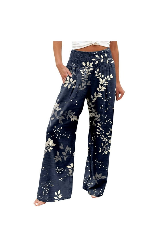 Oversized Wide Leg Pants for Women Floral Printed High Waisted Trousers Casual Trendy Loose Fit Breathable Slacks with Pockets Navy1 XL