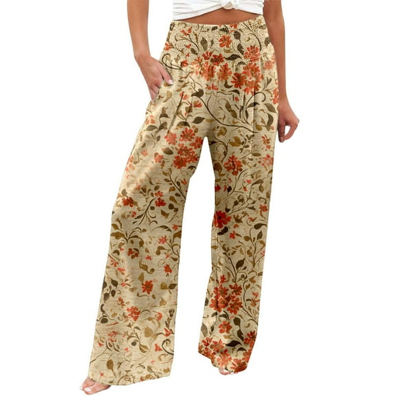 Fiaer Oversized Wide Leg Pants for Women Floral Printed High Waisted Trousers Casual Trendy Loose Fit Breathable Slacks with Pockets Orange M