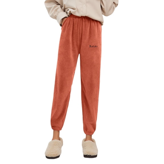 Fiaer Pajamas Sweatpants Women Fleece Thermal Loungewear Pants High Waisted Solid Warm Comfort Pocket Sleepwear Trousers Red One Size