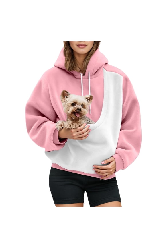 Pet Carrier Hoodie for Women Dog Pouch Holder Sweatshirt Plus Size Long Sleeve Drawstring Loose Fit Color Blocking Tops Pink XL