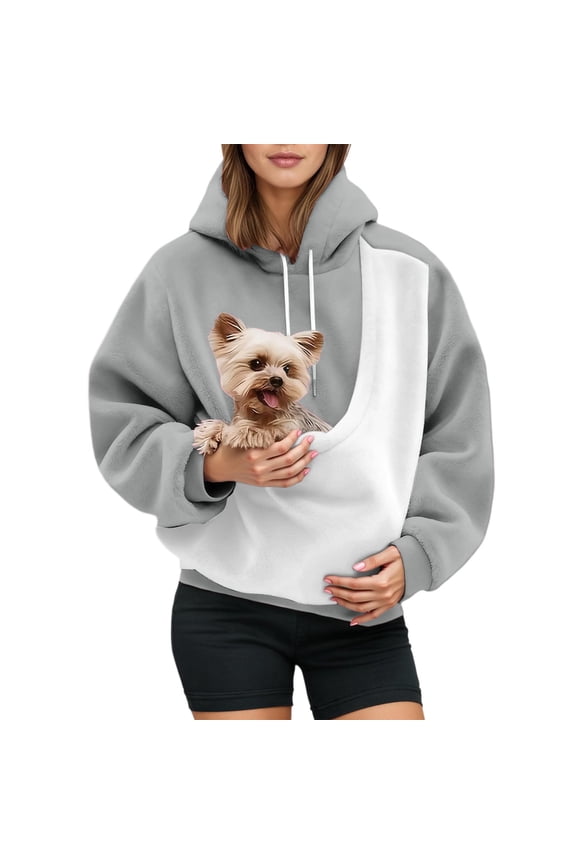 Pet Pouch Hoodie for Women Animal Holder Long Sleeve Hooded Sweatshirts Plus Size Baggy Color Blocking Drawstring Tops with Pockets Grey S