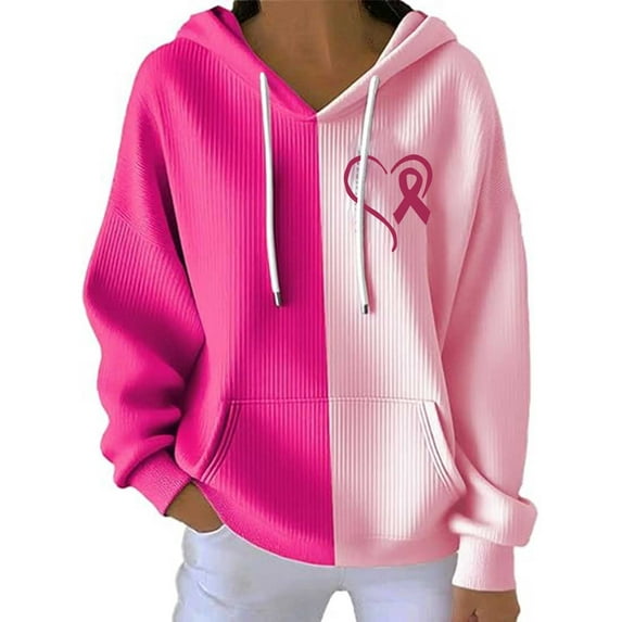 Fiaer Pink Ribbon Hoodie Women Cancer Awareness Sweatshirt Oversized Long Sleeve Color Blocking Drawstring Pocket Hooded Tops Hot Pink XXL