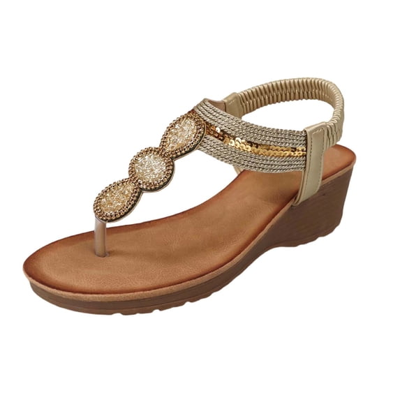 Fiaer Platform Wedge Sandals for Women Fashion Summer Boho Rhinestones Gladiator Open Toe Low Heel Sandals Lightweight Outdoor Sandals Gold 6