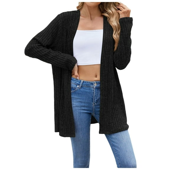 Fiaer Plus Size Cardigans Sweaters for Women Long Sleeve Solid Color Fashion Loose Fit Cozy Open Front Tops Black S