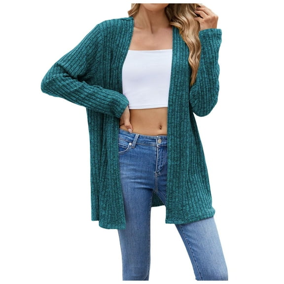 Fiaer Plus Size Cardigans Sweaters for Women Long Sleeve Solid Color Fashion Loose Fit Cozy Open Front Tops Dark Green S