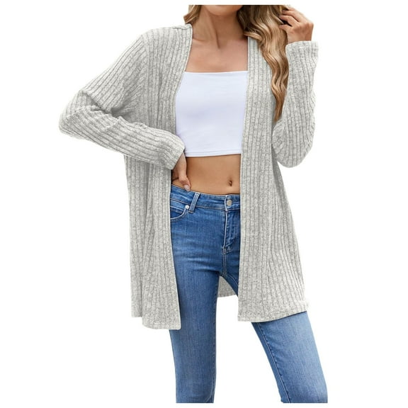 Fiaer Plus Size Cardigans Sweaters for Women Long Sleeve Solid Color Fashion Loose Fit Cozy Open Front Tops Light Gray XXL