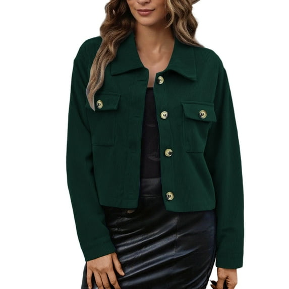 Fiaer Plus Size Casual Cropped Jackets Women Corduroy Button down Shirt Fashion Comfort Trendy Lapel Collared Tops Green M