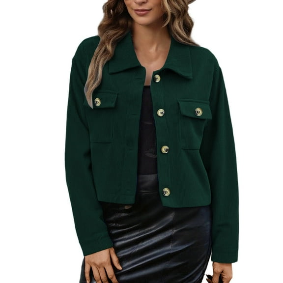 Fiaer Plus Size Casual Cropped Jackets Women Corduroy Button down Shirt Fashion Comfort Trendy Lapel Collared Tops Green M