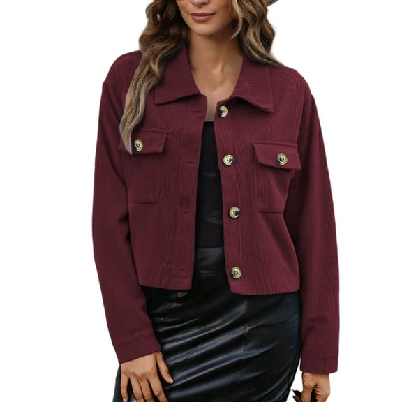 Fiaer Plus Size Casual Cropped Jackets Women Corduroy Button down Shirt Fashion Comfort Trendy Lapel Collared Tops Wine L