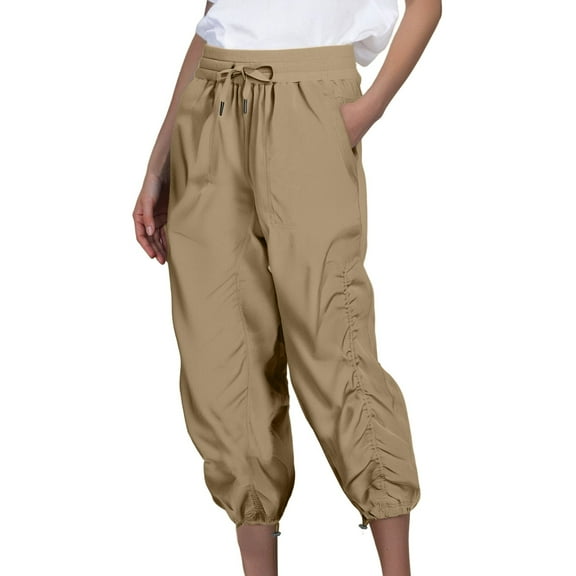 Fiaer,Plus Size Hiking Capri Joggers for Women,Women's Elastic Waist Pleated Pocketed Pants,Ladies Lightweight Lace up Loose Fit Spliced Trousers Khaki L