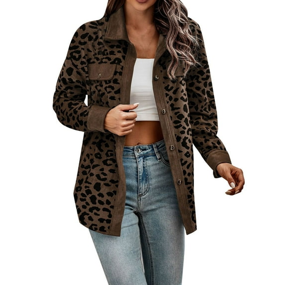 Fiaer,Plus Size Leopard Printed Shirts for Women,Womens Button down Loose Fit Casual Blouses,Women's Long Sleeve V Neck Lapel Collared Tops with Pockets Brown L