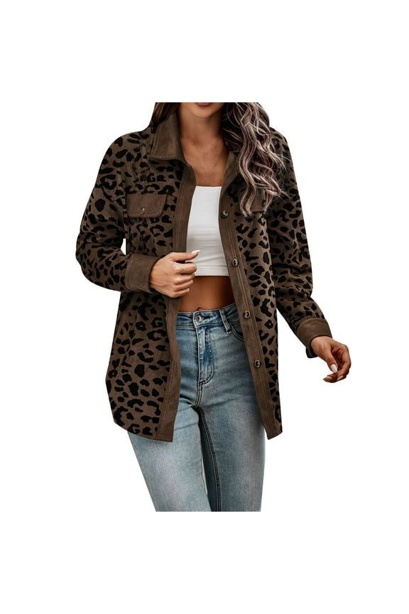 ,Plus Size Leopard Printed Shirts for Women,Womens Button down Loose Fit Casual Blouses,Women's Long Sleeve V Neck Lapel Collared Tops with Pockets Brown XXL