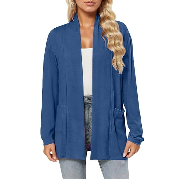 Fiaer,Plus Size Lightweight Cardigan for Women,Women's Long Sleeve Loose Fit Clothing,Womens Trendy Casual Solid Color Tops with 2 Pockets Blue S