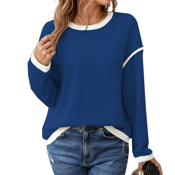 Fiaer,Plus Size Loose Fit T Shirts for Women,Ladies Color Block Crew Neck Tshirts,Womens Long Sleeve Trendy Casual Spliced Tops Blue XXL