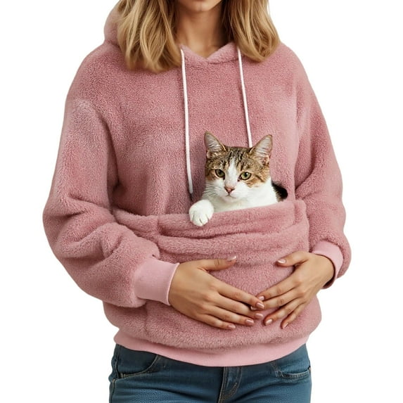 Fiaer Pouch Hoodie Wearable Small Dog Carrier Women's Long Sleeve Sweatshirt Fleece Plus Size Loose Fit Trendy Tops Pink XXL