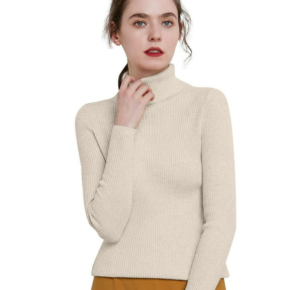 Fiaer Pullover Sweaters for Women Trendy Turtleneck Neck Long Sleeve Plus Size Solid Color Slim Fit Casual Solid Warm Ribbed Knit Tops Beige XXL