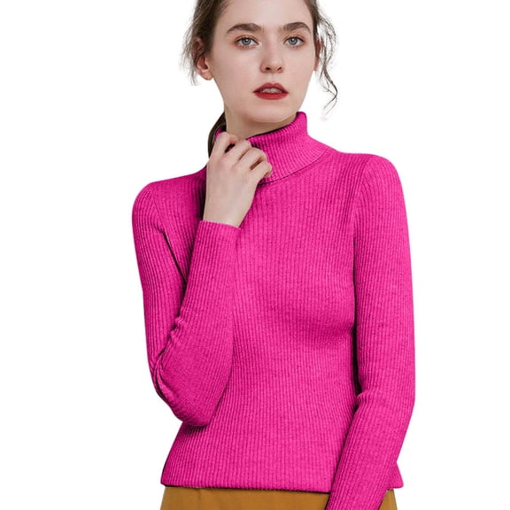 Fiaer Pullover Sweaters for Women Trendy Turtleneck Neck Long Sleeve Plus Size Solid Color Slim Fit Casual Solid Warm Ribbed Knit Tops Hot Pink M