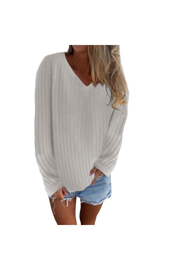 Pullover Sweaters for Women V Neck Long Sleeve Loose Fit Trendy Casual Lightweight Breathable Knitted Tops Beige S