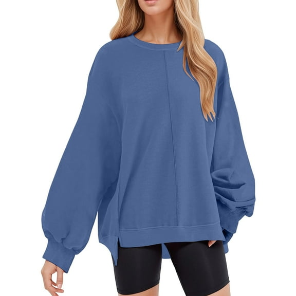 Fiaer Pullovers Sweatshirts for Women Loose Fit Fashion No Hooded Hoodies Long Sleeve Crew Neck Solid Color Asymmetric Hem Plus Size Tops Navy M