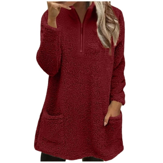 Fiaer Quarter Zip Pullover Women Plus Size Long Sleeve Long Sweatshirts Warm Loose Fit Solid Pocket Tops RD1 S