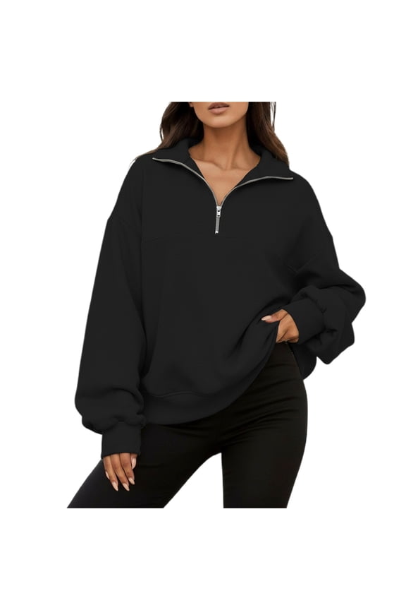 Quarter Zip Pullover Women Plus Size Loose Fit V Neck Trendy Sweatshirts Long Sleeve Lapel Collared Casual Comfort Pocket Tops Black M