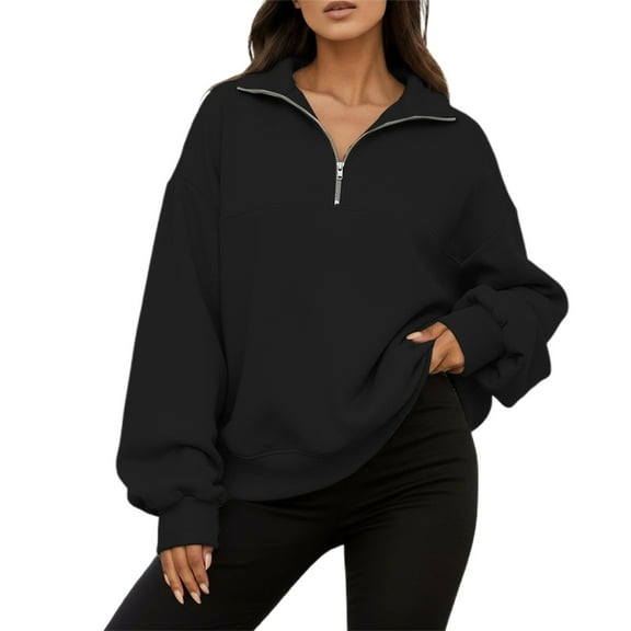 Fiaer Quarter Zip Pullover Women Plus Size Loose Fit V Neck Trendy Sweatshirts Long Sleeve Lapel Collared Casual Comfort Pocket Tops Black XXL