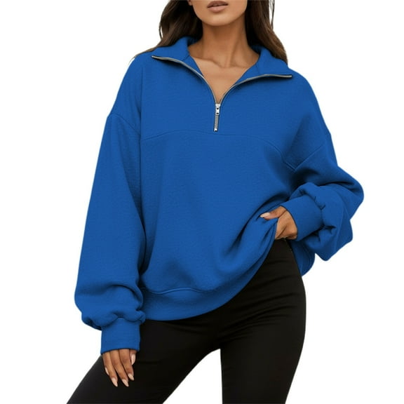 Fiaer Quarter Zip Pullover Women Plus Size Loose Fit V Neck Trendy Sweatshirts Long Sleeve Lapel Collared Casual Comfort Pocket Tops Blue XXL