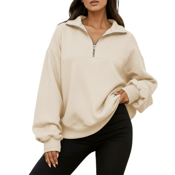 Fiaer Quarter Zip Pullover Women Plus Size Loose Fit V Neck Trendy Sweatshirts Long Sleeve Lapel Collared Casual Comfort Pocket Tops Khaki XXL