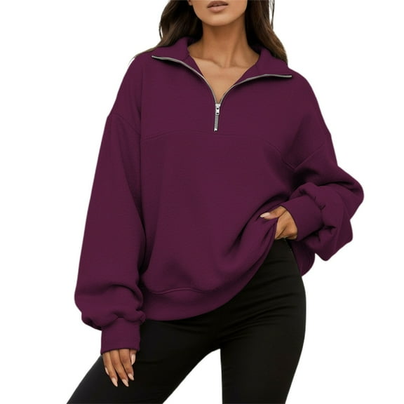 Fiaer Quarter Zip Pullover Women Plus Size Loose Fit V Neck Trendy Sweatshirts Long Sleeve Lapel Collared Casual Comfort Pocket Tops Purple XXL