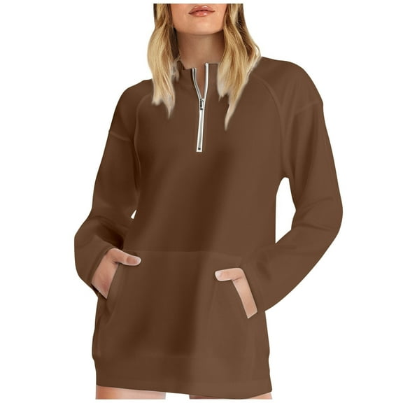Fiaer,Quarter Zip Pullover Women,Women's Plus Size Long Sleeve Sweatshirts,Womens Tops Loose Fit Casual Trendy with Pocket Coffee XXL