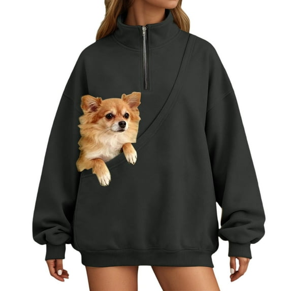 Fiaer Quarter Zip Sweatshirt for Women Pet Pouch Oversized Long Sleeve Pullovers Animal Holder Loose Fit Solid Color Fashion Tops Dark Gray XXL