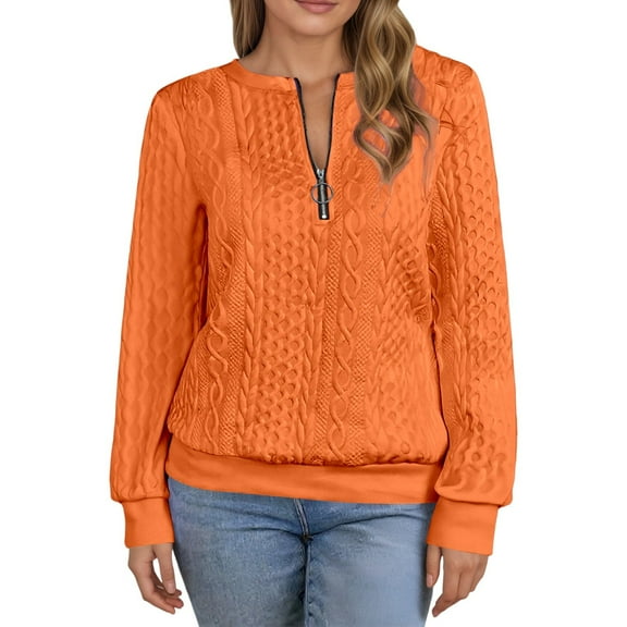Fiaer Quarter Zip Women Sweatshirts Crew Neck Plus Size Long Sleeve Jacquard Pullovers Baggy Casual Fashion Tops Orange XL