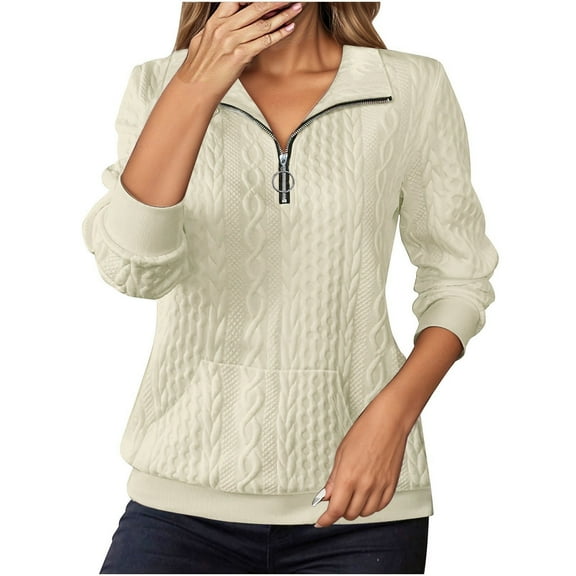 Fiaer Quarter Zip Women Sweatshirts Plus Size Long Sleeve V Neck Pullovers Loose Fit Casual Fashion Lapel Collared Pocket Tops Beige XXL