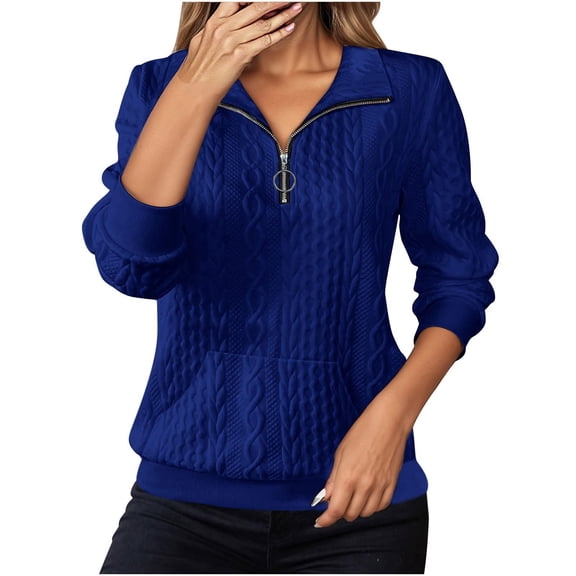 Fiaer Quarter Zip Women Sweatshirts Plus Size Long Sleeve V Neck Pullovers Loose Fit Casual Fashion Lapel Collared Pocket Tops Blue XXL